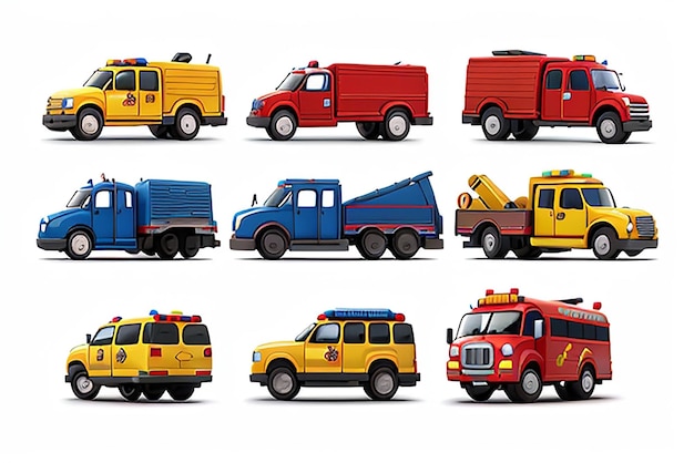 Verschiedene Autos, Sammlung von Feuerwehrautos, Schulbus-Muldenkippern und Krankenwagen-ClipArt-Grafiken