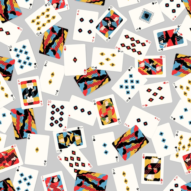 Verschiedene cartoon-spielkarten nahtlose muster vektor flach redaktionelle illustration. verschiedene clubs, herzen, karo und kreuze auf weißem hintergrund. bunte karte für poker und casino-spiel.