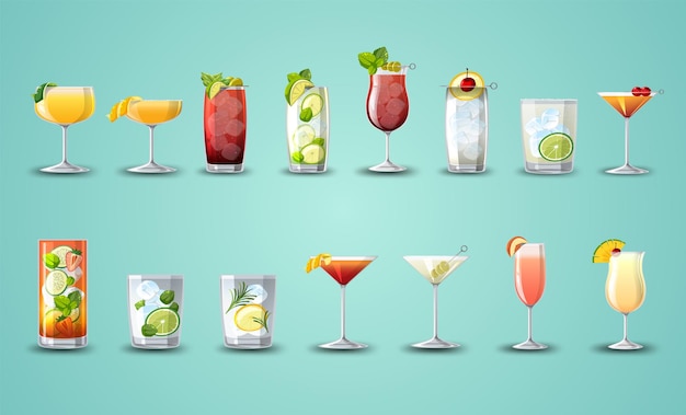 Verschiedene cocktails in den gläsern setzen cartoon