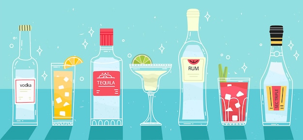 Verschiedene Cocktails und Alkohol auf dem Tisch. Illustration mit alkoholischem Getränk.