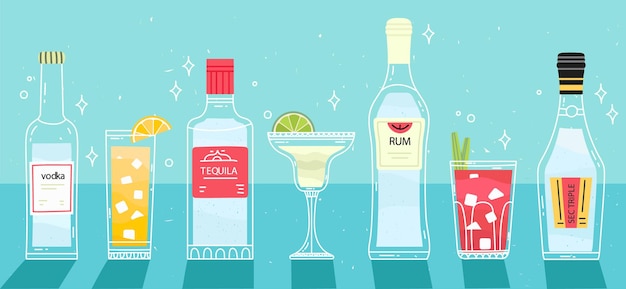 Vektor verschiedene cocktails und alkohol auf dem tisch. illustration mit alkoholischem getränk.