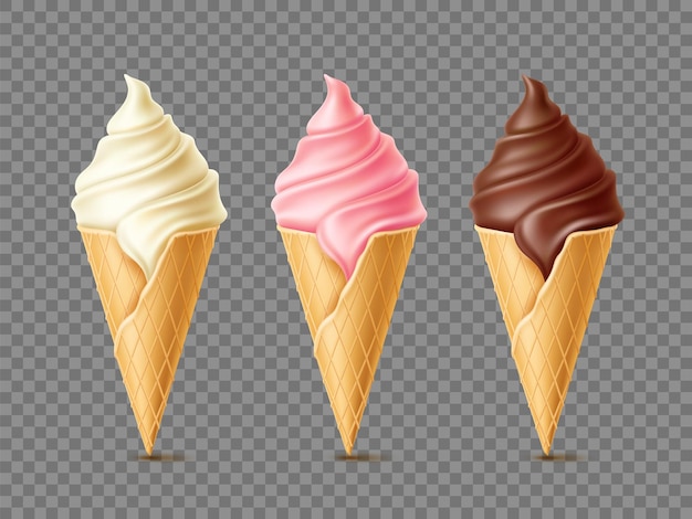 Verschiedene Geschmacksrichtungen Eiscreme Waffelkegeln mit gefrorenem Dessert Vanille Schokolade und rosa Beere weiche Milch cremige Gelato 3D isoliert auf transparenten Hintergrundelemente äußern Vektor-Set.