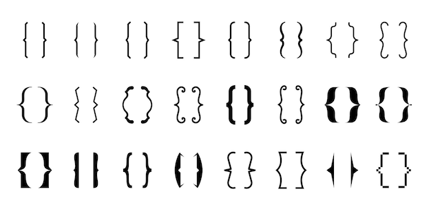 Vektor verschiedene geschweifte klammern schwarzes symbolset moderne und vintage-klammern linien und symbolsammlung für die eingabe oder typografie ornament und vektorisolierte designelemente konzept für nachrichten und zitate