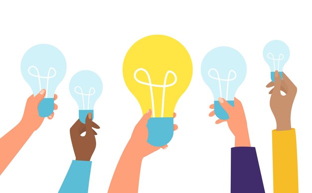 Vektor verschiedene hände halten glühbirnen, ein leuchtendes, helles konzept von kreativität, innovation und teamarbeit.