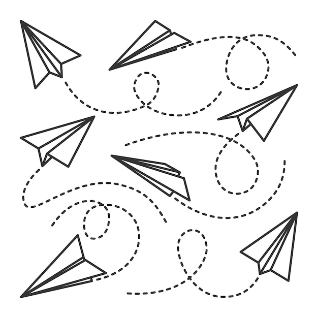 Verschiedene handgezeichnete Papierflugzeuge Schwarze Drachenflugzeuge mit gestreckter Routenlinie Flugzeug-Ikonen einfache monochrome Flugzeugsilhouetten Umrisskunst Vektorillustration