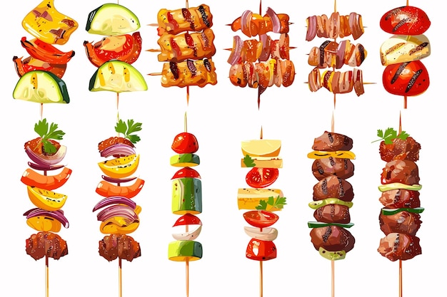 Verschiedene Kebabsorten auf einem Holzspieß Vektorillustration auf weißem Hintergrund