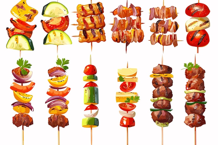Vektor verschiedene kebabsorten auf einem holzspieß vektorillustration auf weißem hintergrund