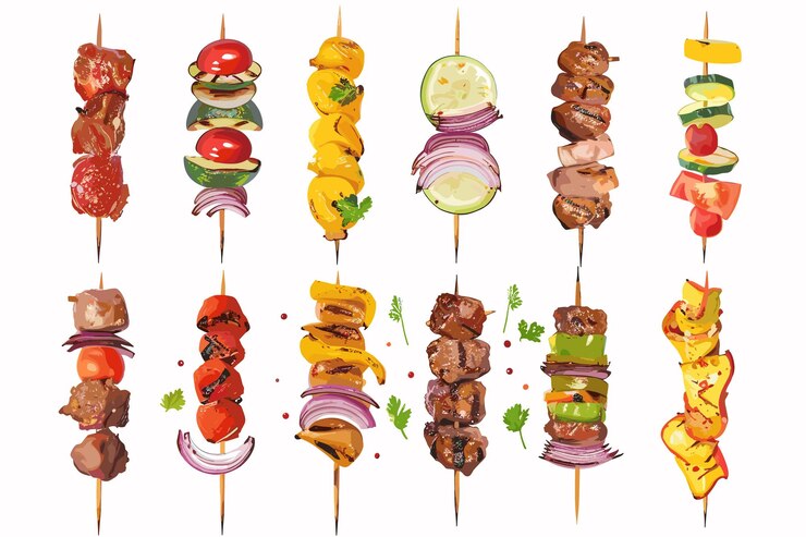 Vektor verschiedene kebabsorten auf einem holzspieß vektorillustration auf weißem hintergrund