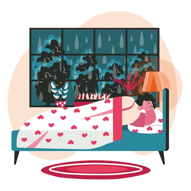 Verschiedene leute, die sich im gemütlichen schlafzimmerszenenkonzept entspannen. frau schläft im bett, während es außerhalb des fensters regnet. erholung und freizeitaktivitäten für menschen. vektor-illustration von charakteren im flachen design
