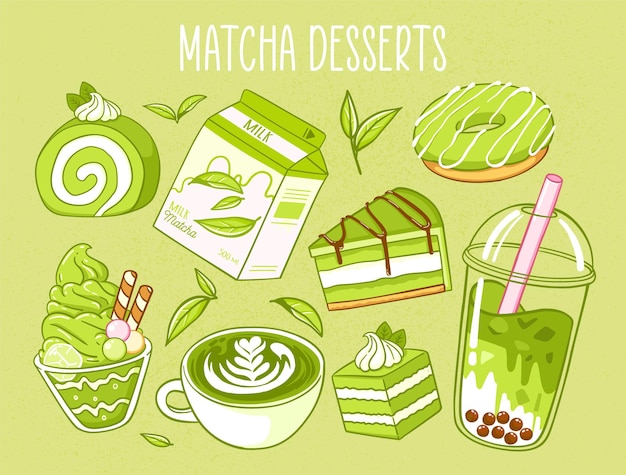 Vektor verschiedene matcha tee produkte japanisches essen matcha tee milch donut bubble tea eiscremetorte bubble