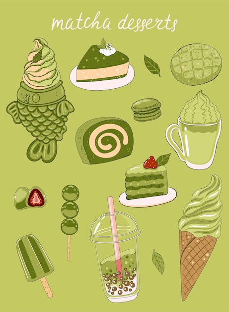 Verschiedene Matcha-Teeprodukte Japanische Lebensmittelvektorgrafiken