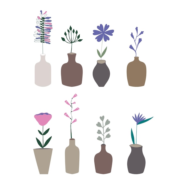 Verschiedene Pflanzen und Blumen in Vasen. Vektorset für Blumenmuster.