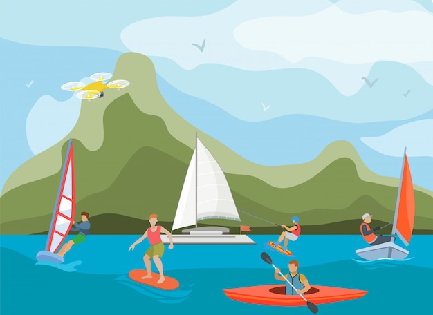 Verschiedene Schiffe und Schiffe für Wasseraktivitätsillustration. Wassersportler Menschen und Sportarten Surfen, Windsurfen, Kajakfahren, Segeln und Wakeboarden.