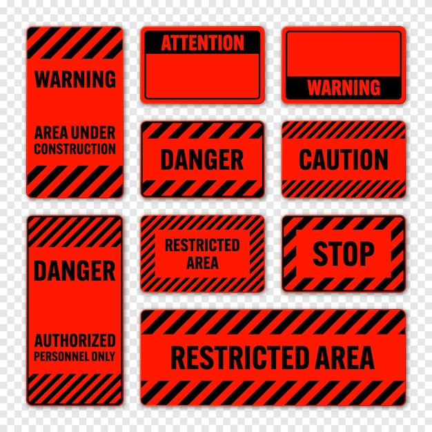 Vektor verschiedene schwarz-rote warnschilder mit diagonalen linien aufmerksamkeit gefahr- oder vorsichtszeichen