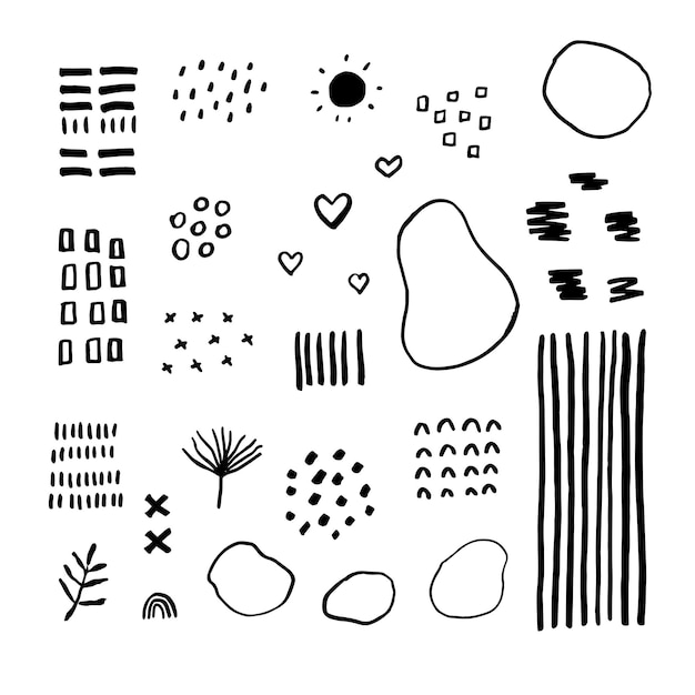 Verschiedene skizzenhafte Doodle-Hapes und -Objekte Freihand schwarze Herzen Kurven Punkte Spirale Boho Regenbögen Grunge-Stil Handgezeichneter abstrakter Vektorsatz