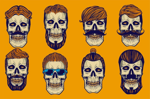 Verschiedene skull39s-haarvektorillustrations-set-cartoon-stil