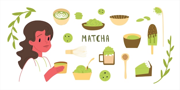 Verschiedene Speisenoptionen aus Matcha-Tee-Set für die Zubereitung eines grünen Getränks Cartoon-Mädchen trinkt köstlichen Bio-Tee Vektor-Illustration isoliert auf weißem Hintergrund