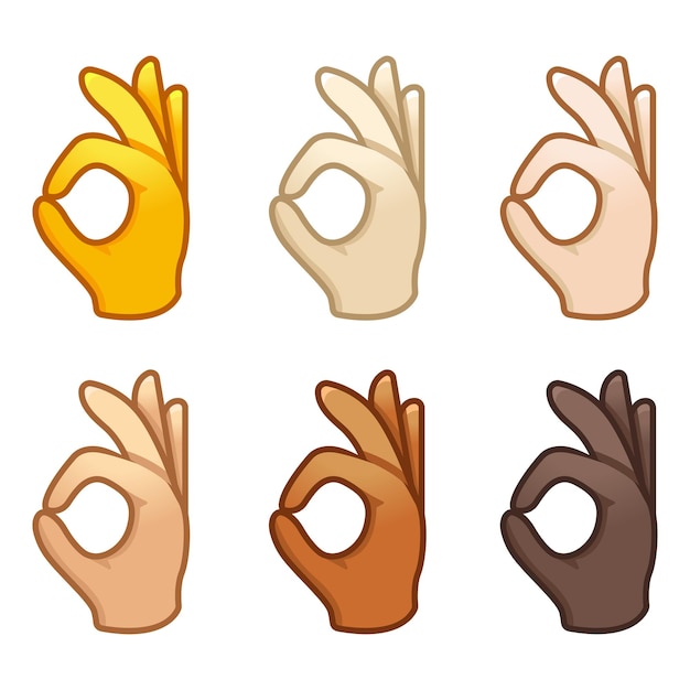 Verschiedene stimmungs-emojis emotionales okay-emoji-handset mit verschiedenen hauttönen, niedlichen cartoon-stilisierten vektor-cartoon-illustrationssymbolen, isoliert auf weißem hintergrund