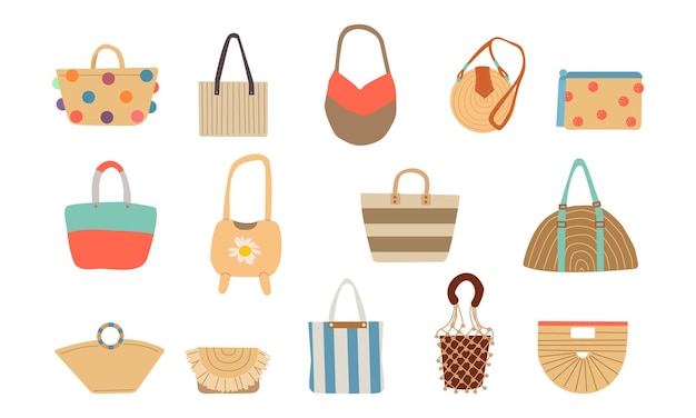Verschiedene Strandtaschen für Frauen Vektorillustrations-Set Sammlung von Cartoon-Zeichnungen