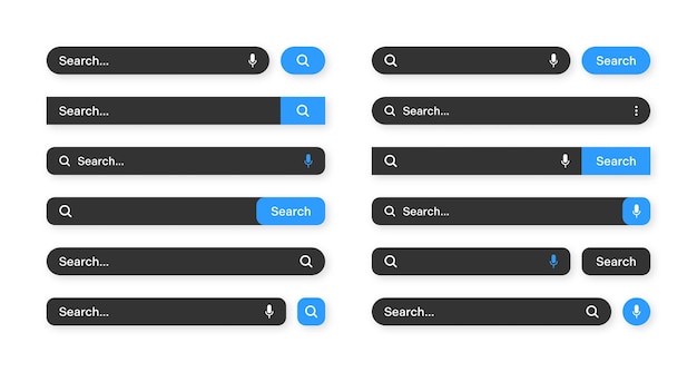 Vektor verschiedene suchbalkenvorlagen im dunklen modus internet-browser-engine mit suchfeld adressleiste und text