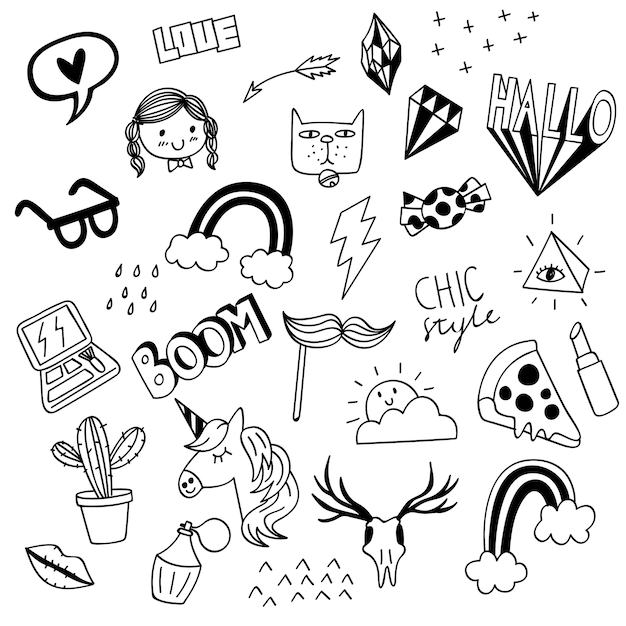 verschiedene süße Dinge im Doodle-Stil