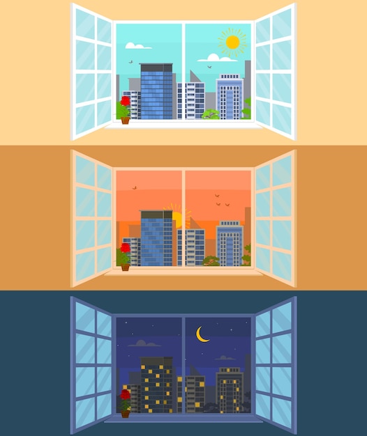 Verschiedene tageszeiten setzen konzeptkartenplakat stadtlandschaft im fensterszenenelement webdesign-stil vektorillustration