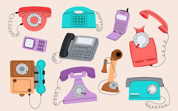 Vektor verschiedene telefone drahtstil styling telefon und handset retro-mode vintage-stil mobiltelefone technologie erfindung retro anständige vektor-kommunikation elemente von drahttelefon und mobiltelefon