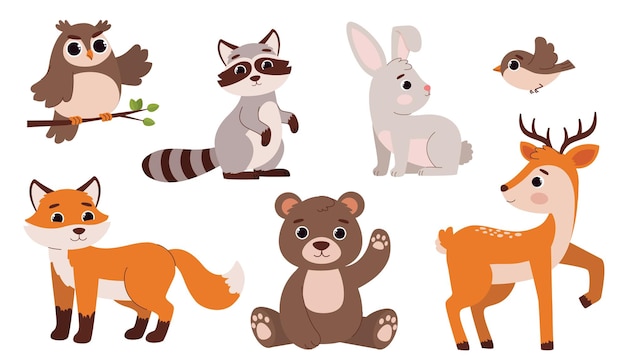Verschiedene Waldtiere, Vektorset, Waschbär, Bär, Fuchs, Eule, Hirsch, Hase und Vogel, Biologie und Zoologie, Fauna, Aufkleber für soziale Netzwerke, flache Cartoon-Sammlung isoliert auf weißem Hintergrund