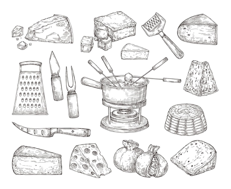 Vektor verschiedener käse. rezeptzutaten, fondue-essensskizze und besteck. handgezeichneter parmesan-gouda-edamer-cheddar, abendessen, mittagessen, exakter vektorsatz. illustration käsemahlzeitstück, mozzarella lecker