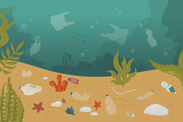 Vektor verschmutztes unterwasser unterwasser ozean meer schmutzige landschaft meeresverschmutzung ökologie problem
