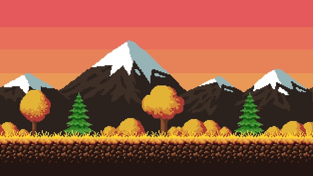 Verschneite Berge, Tannen und ein Sternenhimmel Pixelkunstspiel 8-Bit-Hintergrund im Retro-Stil Nahtlos