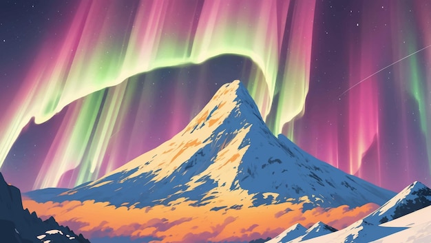 Verschneite gebirgslandschaft mit nordlichtern aurora im nachthimmel in pastelltönen, handgezeichnete gemälde-illustration