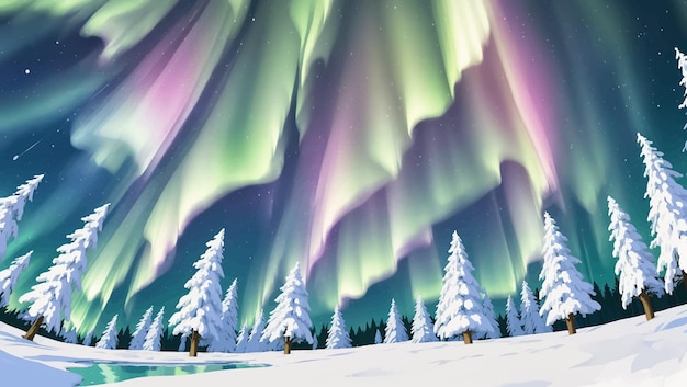 Verschneite landschaft mit pinien und nordlichtern aurora handgezeichnete gemälde-illustration