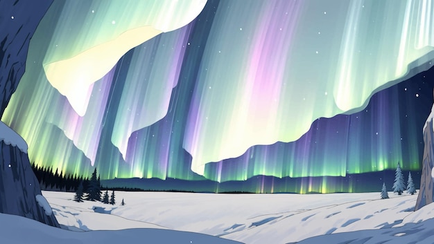 Vektor verschneite landschaftsansicht hinter felsen mit nordlichtern aurora handgezeichnete gemäldeillustration