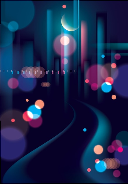 Verschwommene Straßenbeleuchtung, städtischer abstrakter Hintergrund. Effektvektor schöner Hintergrund. Großstädtisches Nachtleben. Verschwommener farbenfroher dunkler Hintergrund mit Stadtbild, Gebäude Silhouetten Skyline.