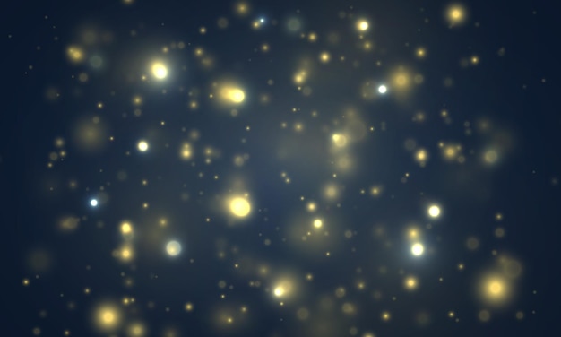 Verschwommenes bokeh-licht auf blauem hintergrund glitzer defokussiert blinkende sterne weihnachten goldfunken vektor