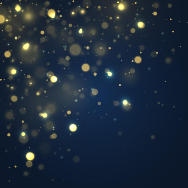 Verschwommenes Bokeh-Licht auf blauem Hintergrund Glitzer defokussiert blinkende Sterne Weihnachten Goldfunken Vektor