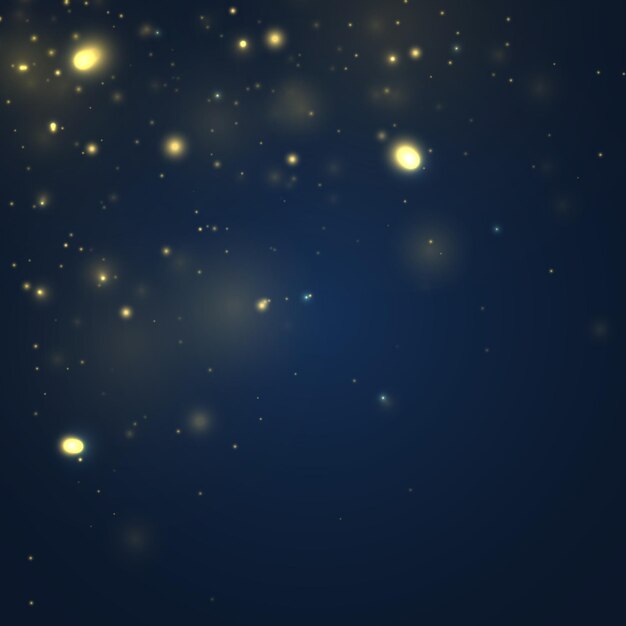 Verschwommenes Bokeh-Licht auf blauem Hintergrund Glitzer defokussiert blinkende Sterne Weihnachten Goldfunken Vektor