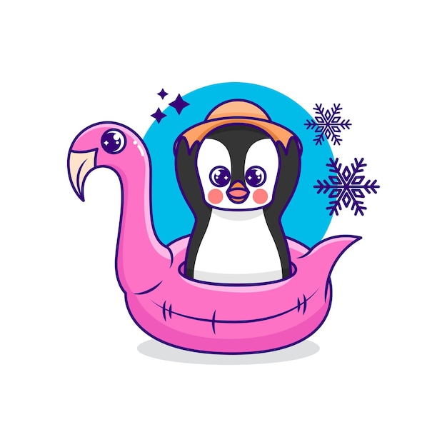 Verspielte pinguin-cartoon-figur während des schnees in der wintersaison