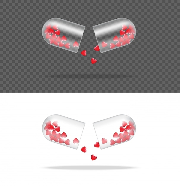 Verspotten sie herauf realistische transparente pillen-medizin-kapsel-platte mit herzen auf weißem hintergrund.