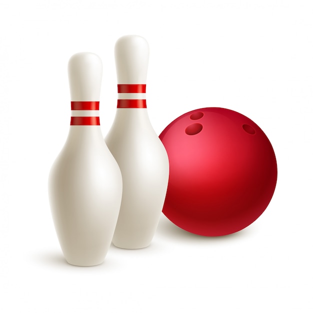 Verstreuter Kegel und Bowlingkugel.