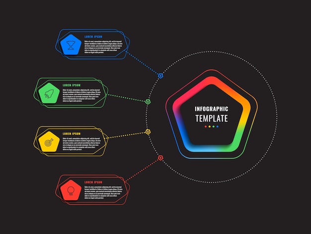 Vertikale 4-stufen-infografik-vorlage mit fünfecken und polygonalen elementen auf schwarzem hintergrund