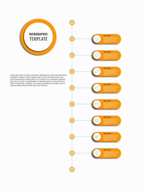 Vektor vertikale business-infografik-timeline-vorlage mit orangefarbenen runden optionen auf weißem hintergrund