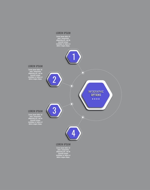 Vertikale Business-Infografik-Vorlage mit vier violetten sechseckigen Elementen auf grauem Hintergrund