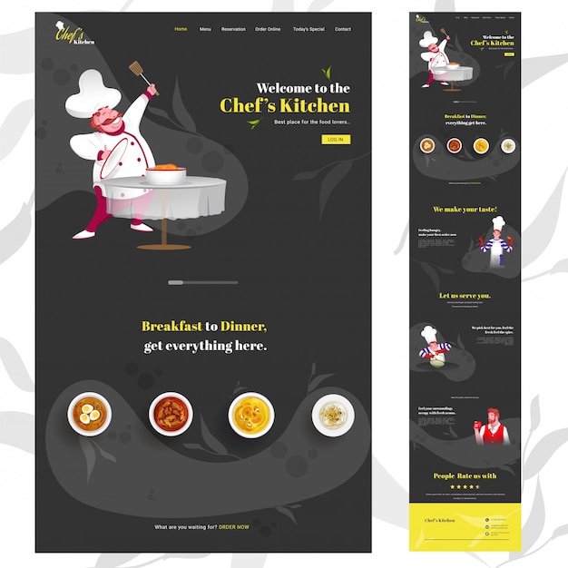Vertikale Fahne des Küchen-Netzes des Chefs mit dem Cartoonchefcharakter, der Teller auf Schwarzem und gegebenen Dienstleistungen darstellt.