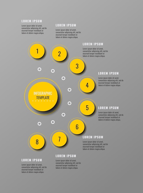 Vertikale graue business-infografik-vorlage mit acht runden gelben elementen und textfeldern