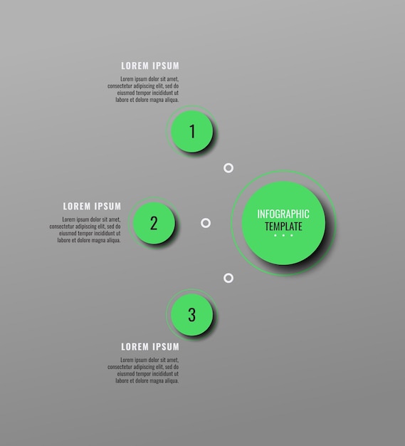 Vertikale graue Business-Infografik-Vorlage mit drei runden grünen Elementen und Textfeldern