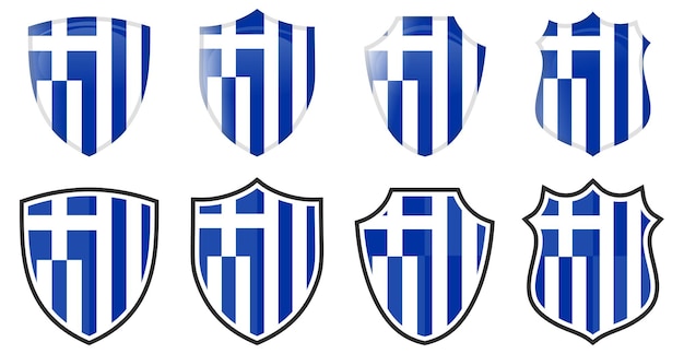 Vertikale griechische Flagge in Schildform, vier 3D- und einfache Versionen. Griechisches Symbol / Zeichen