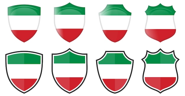 Vertikale italienische Flagge in Schildform, vier 3D- und einfache Versionen. Italienisches Symbol / Zeichen