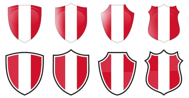 Vertikale rot-weiße österreichische Flagge in Schildform, vier 3D- und einfache Versionen. Österreichische Ikone / Zeichen